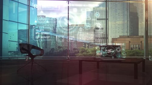 Futuristic Office with Data and Holographic Graphics