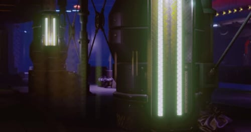 Illuminated Futuristic Pillars Stand in a Vibrant High Tech Setting at Night