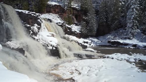 Panorama Of Winter Landscape At Gooseberry Falls State Park In Minnesota, With Waterfall Cascading D