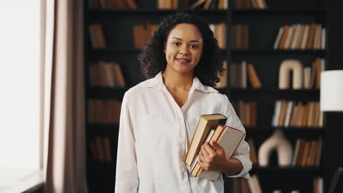 African American Girl Study with Books Modern Female Student College High School Worker Holding