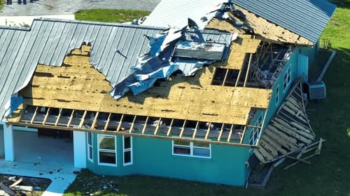 Hurricane Ian Destroyed House Roof in Florida Residential Area