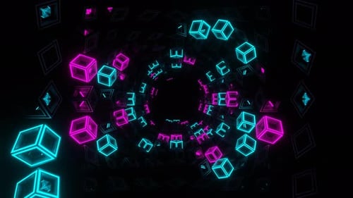 VJ Loop in 4K mit rosafarbenem und blauem Hintergrund, Bewegung durch Stroboskopquadrate