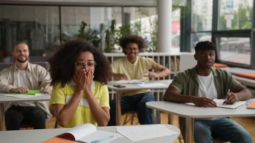 Four Diversity Classmates in High School Students Celebrating Good Result Exam Pass Rejoicing