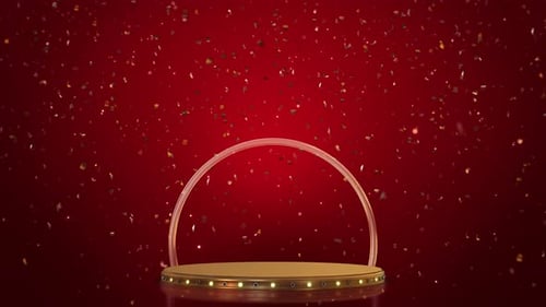 Festive Award Platform With Confetti Decorative Red Stage Sparkling Falling Confetti Designed