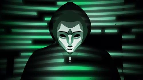 Anonymous masked hacker working at a computer with glowing green code