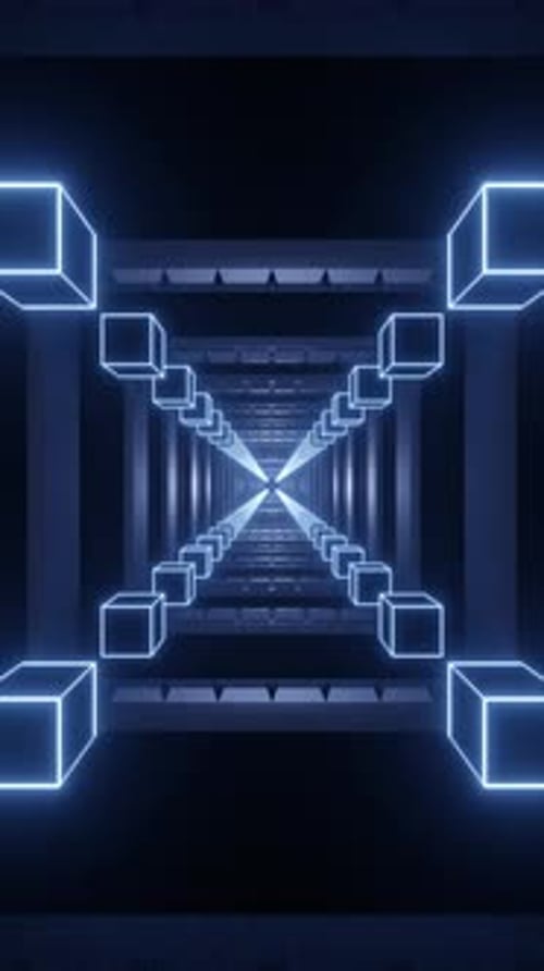 3D Render of Glowing Blue Cubes Tunnel Design