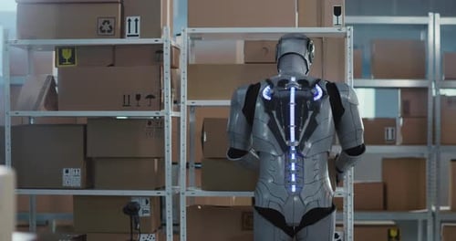 Future is Now Cybernetic Futuristic Robot Employee Working Inside Post Office Workshop Carrying