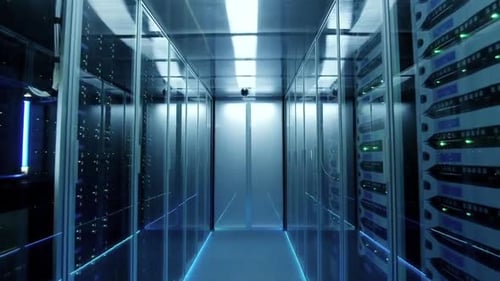 Moving Through Futuristic Data Center Server Corridor