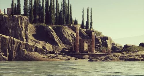 Ruines anciennes près d'un plan d'eau tranquille entouré d'une végétation luxuriante