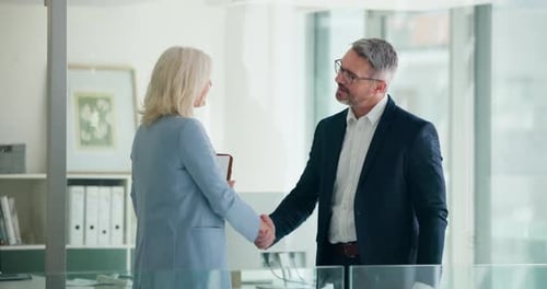 Business, people and interview with handshake in office for welcome, introduction and recruitment