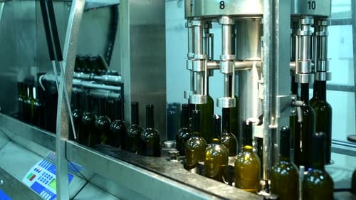 El transportador de botellas de vino procesa botellas de vidrio en una fábrica moderna durante las horas de producción con