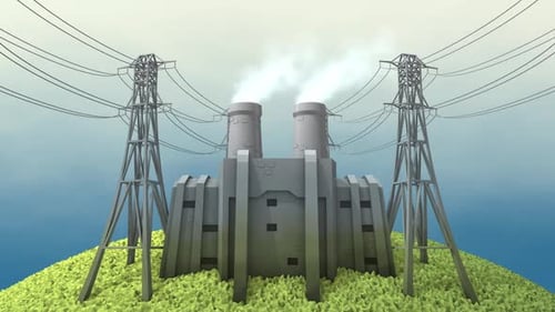 Stylized Power Plant with Smokestacks and Power Lines