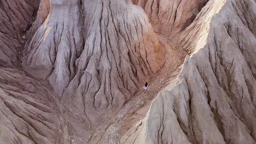 Woman Walks Among Desert Geological Formations From Above