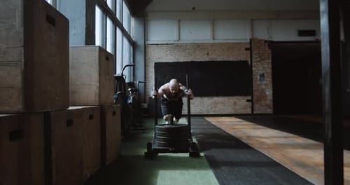 Young Strong Athletic Caucasian Man Exercising with Heavy Weight Training Sled Towards Camera in