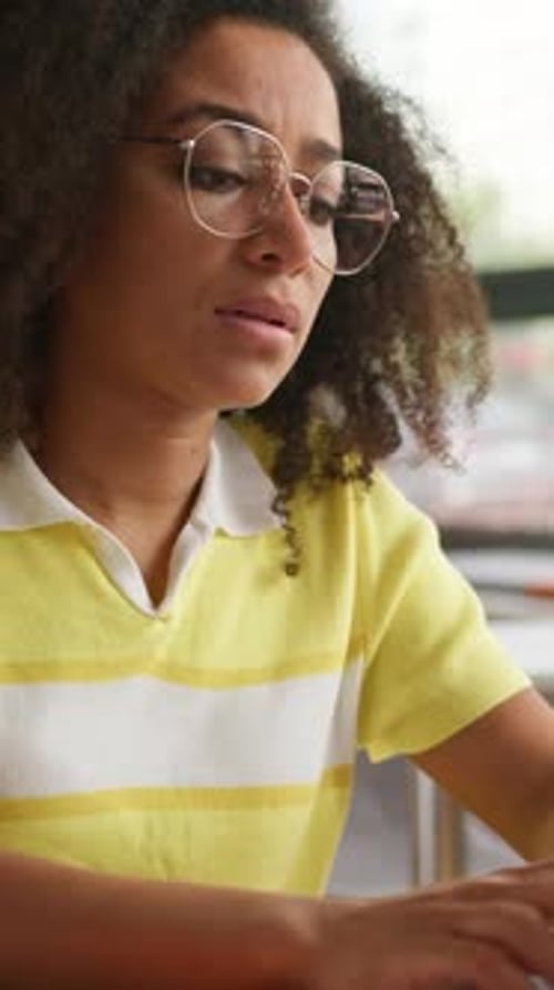 Exhausted Overload African American Woman Girl Student Take Off Glasses Feeling Pain Discomfort
