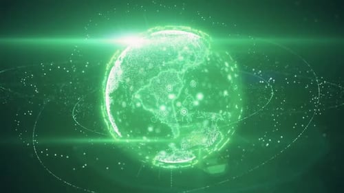 Glowing green earth with digital network connections and data points