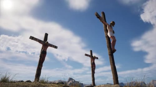 Crucifixion Scene with Three Crosses on a Hill
