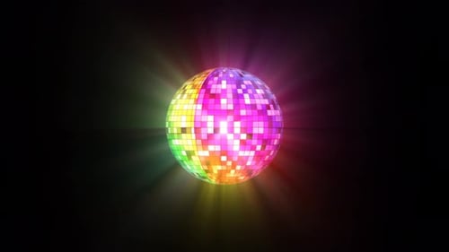 Eine leuchtende Discokugel mit schimmernden Reflexionen. 3D-Kugelrotation.