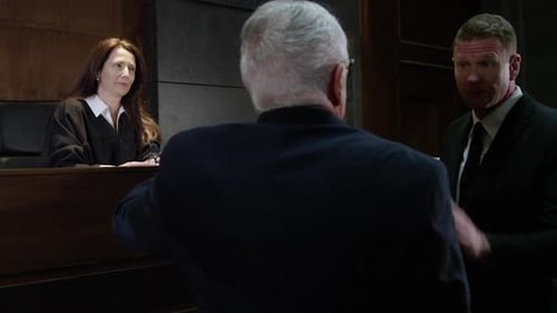 Lawyers discussing in front of woman judge - court room legal scene
