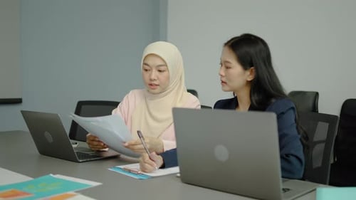 Talking and ideas, Happy group of multiracial business woman teamwork, meeting and giving documents
