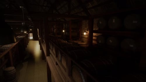 Dimly Lit Warehouse With Wooden Barrels