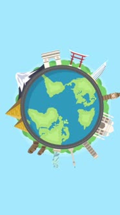 Flat Design Animated Globe with World Landmarks