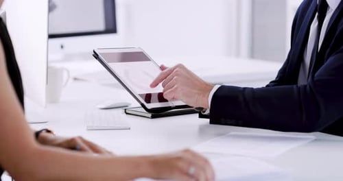 Hands, business people and tablet in office for discussion of research, data analysis