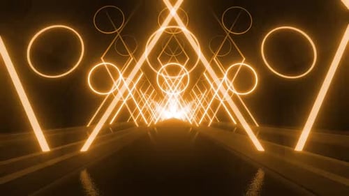 Яркий оранжевый неоновый геометрический туннель, создающий футуристический световой путь