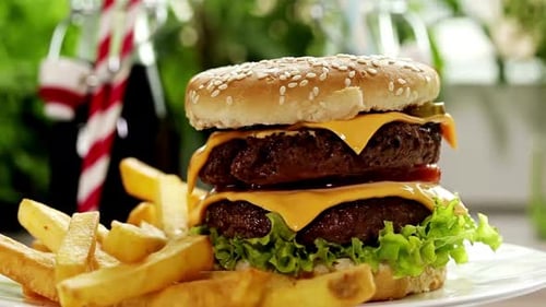 Close up of Double Cheeseburger and French Fries
