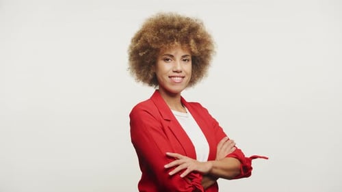 Female Turning and Looking At Camera on White Background