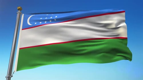 Uzbekistan Flag Waving Animation with Clear Blue Sky Background