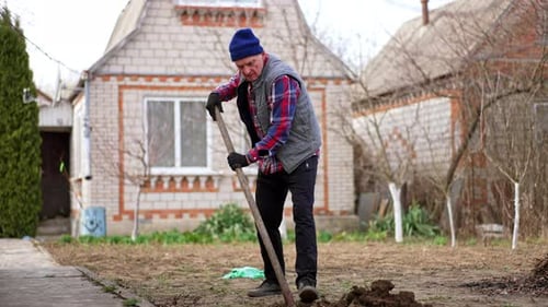 Mature Caucasian man working in the garden digging a hole in the ground.