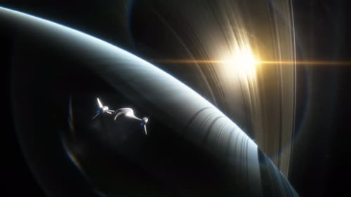 Un vaisseau spatial survole l'atmosphère de la planète Saturne, le soleil brille à travers les anneaux