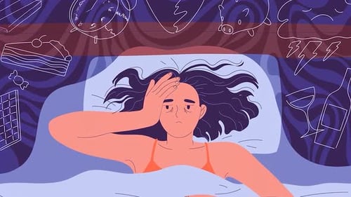 Frau, die mit Schlaflosigkeit, Angst, Stress und Überdenken zu kämpfen hat, liegt wach im Bett