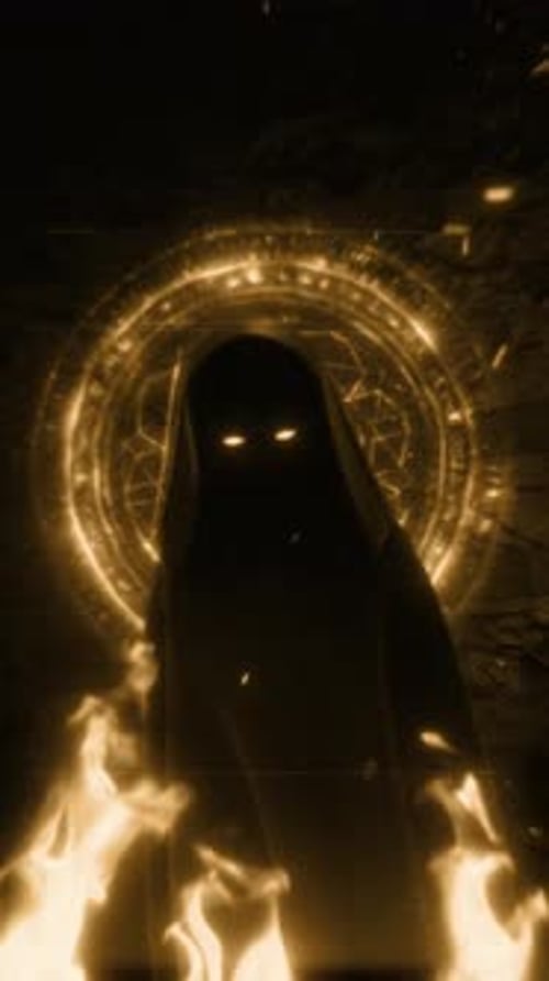 Mysterious Hooded Figure Summons Fiery Magic Portal