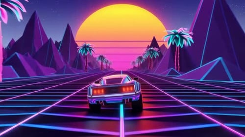 Retrowave-Autofahren im 80er-Stil auf Neon Grid Horizon
