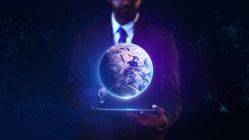 Hand holding the glowing digital Earth hologram global data visualization