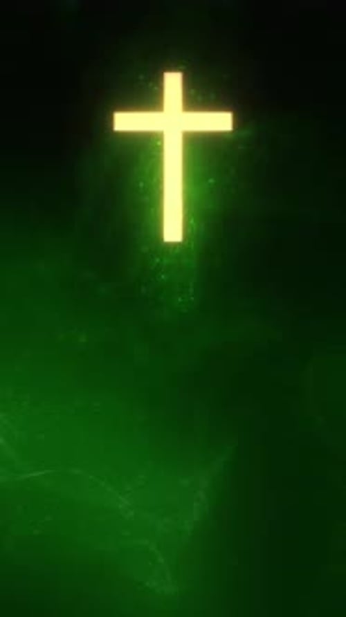 Holy Christian Cross on Vertical Green Particle Loop Background
