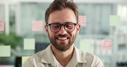 Happy, planning and face of businessman in office for brainstorming, project management and ideas