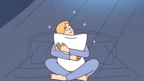Animated Person Peacefully Hugging Pillow in Flat Design