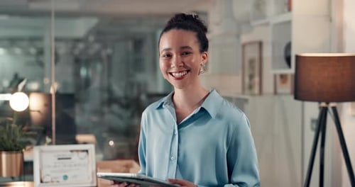 Tablet, research and face with business woman in office for magazine editor