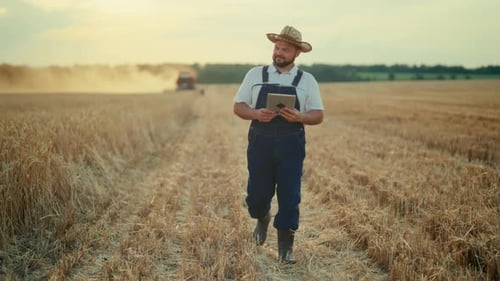 Harvest Season in Agricultural Area Happy Farmer Walking in Halfmown Field Portrait of Professional