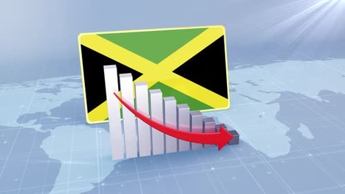 Flagge und Balkendiagramm von Jamaika mit sinkenden Werten, Konzept der Wirtschaftskrise