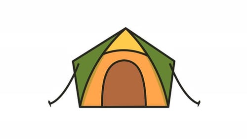 Traveling icon animation of a green and orange tent unfolds. looping and alpha channel