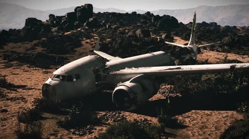 Plane Wreckage Displayed in a Rocky Landscape After a Catastrophic Crash Event