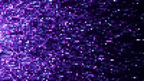 Lila-blauer digitaler Pixel-Glitzer-Mosaik-Hintergrund mit vertikalem Retro-Datenfluss, nahtloses Looping