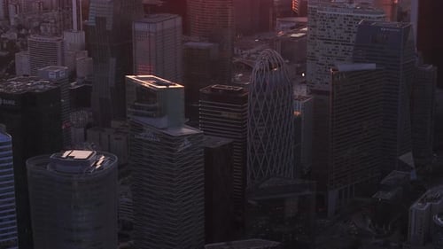 Group of Modern High Rise Office Buildings in Futuristic La Defense Business Borough at Sunset Paris