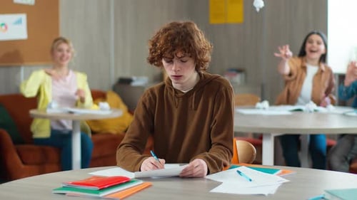 School Academy College Class Lesson Upset Frustrated Pupil Student Male Guy Boy Studying Learning in