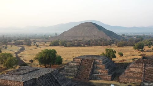 Aerial view of pyramids in ancient mesoamerican city of Teotihuacan, Mexico from above, Central Amer
