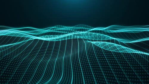 Light blue waves background with flowing field of bright particles and lines with glow effect